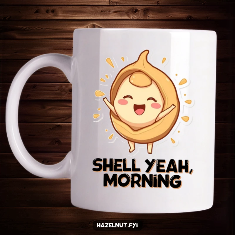 Funny mug with a joyous hazelnut character bursting energetically from a stylized, happy shell, conveying excitement and humor.