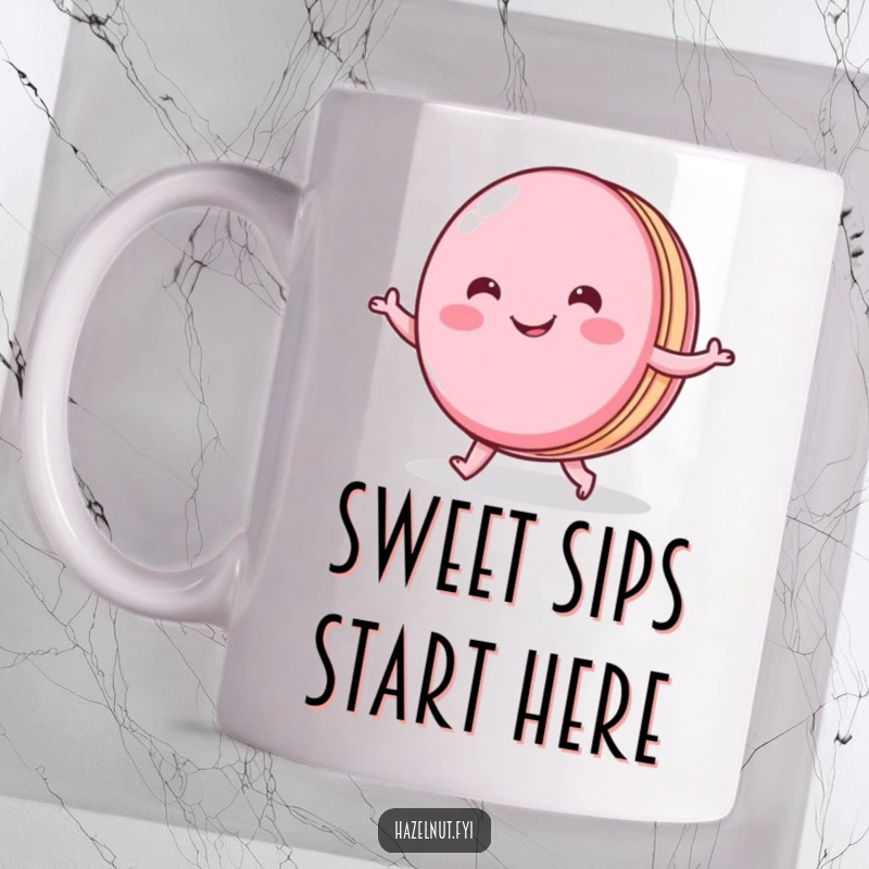 Funny coffee mug featuring a cheerful macaron with a wide smile doing a little shuffle, radiating continental charm and joy.