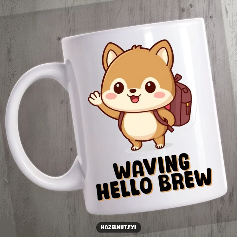 Funny cute hazelnut character with a tiny backpack, enthusiastically waving hello, spreading cheerful vibes.