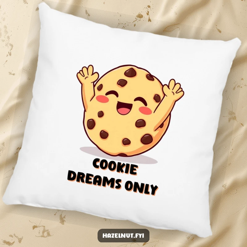 Funny pillow featuring a giggling chocolate chip cookie with arms raised in delight, offering ultimate comfort and sweet joy.