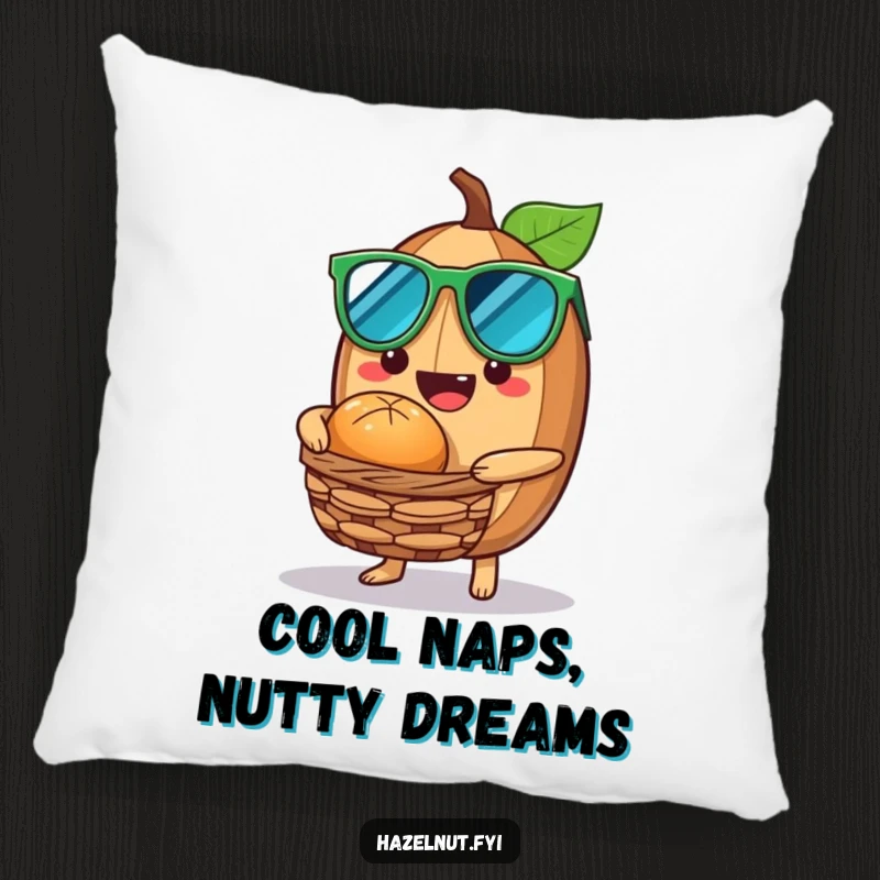 Funny Hazelnut Pillow featuring a hazelnut in sunglasses offering a nutty treat from a tiny basket, providing cool comfort.