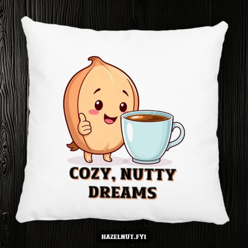 Funny Pillow: A happy hazelnut gives a thumbs up next to a steaming cup, a soft and humorous decorative accent.