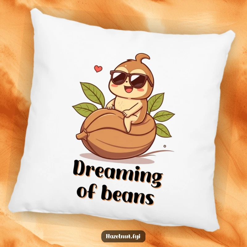 Funny hazelnut character wearing sunglasses, riding a coffee bean, featured on a soft, decorative pillow. Fantastic funny gift.