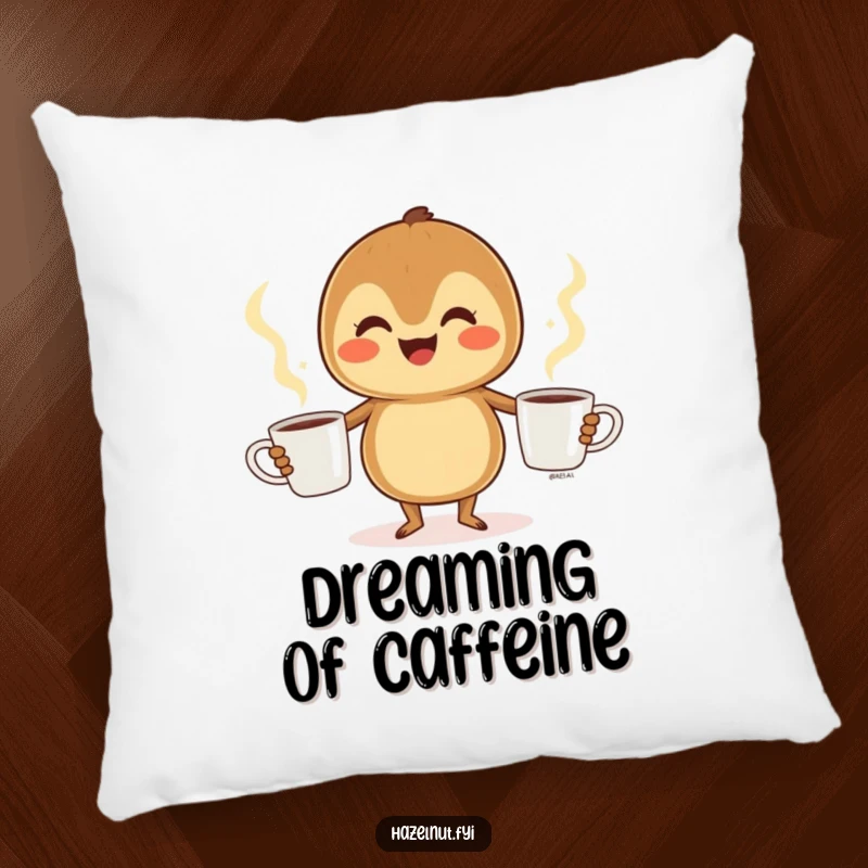 Funny Hazelnut Pillow: A cheerful hazelnut juggles three steaming coffee cups, offering humorous comfort and a playful accent.