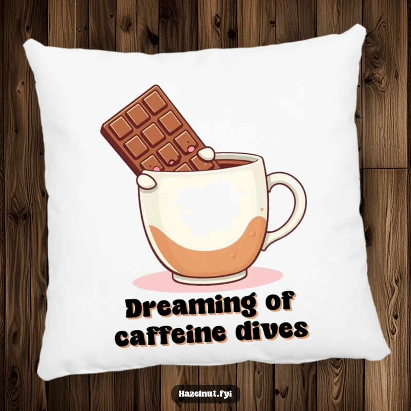 Funny pillow with a blushing chocolate bar leaping headfirst into a huge coffee mug, a soft and humorous home accent.
