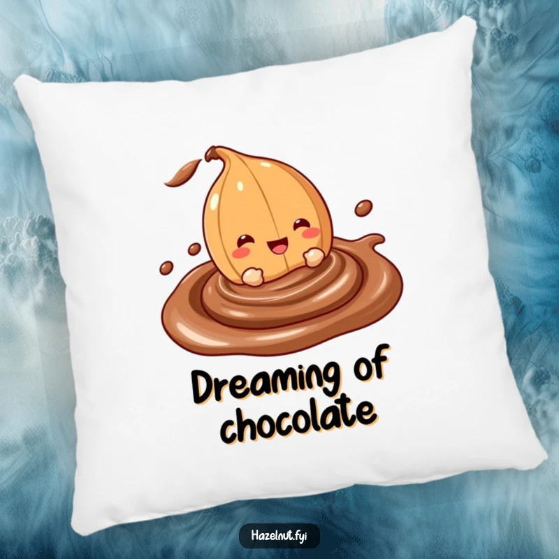 Funny pillow featuring a cheerful hazelnut character happily diving into a creamy, swirling chocolate dip, offering comfort and joy.