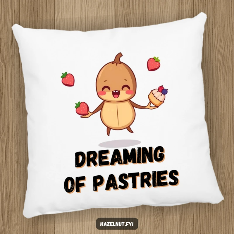 Funny, mischievous hazelnut juggling three tiny berry pastries, featured on a plush pillow, adding charm and comfort to home decor.