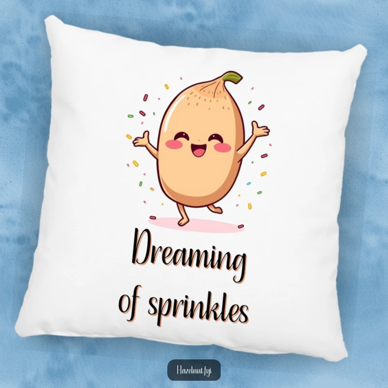 Funny pillow with a smiling kawaii hazelnut character dancing joyfully with sprinkles, a humorous decorative item.