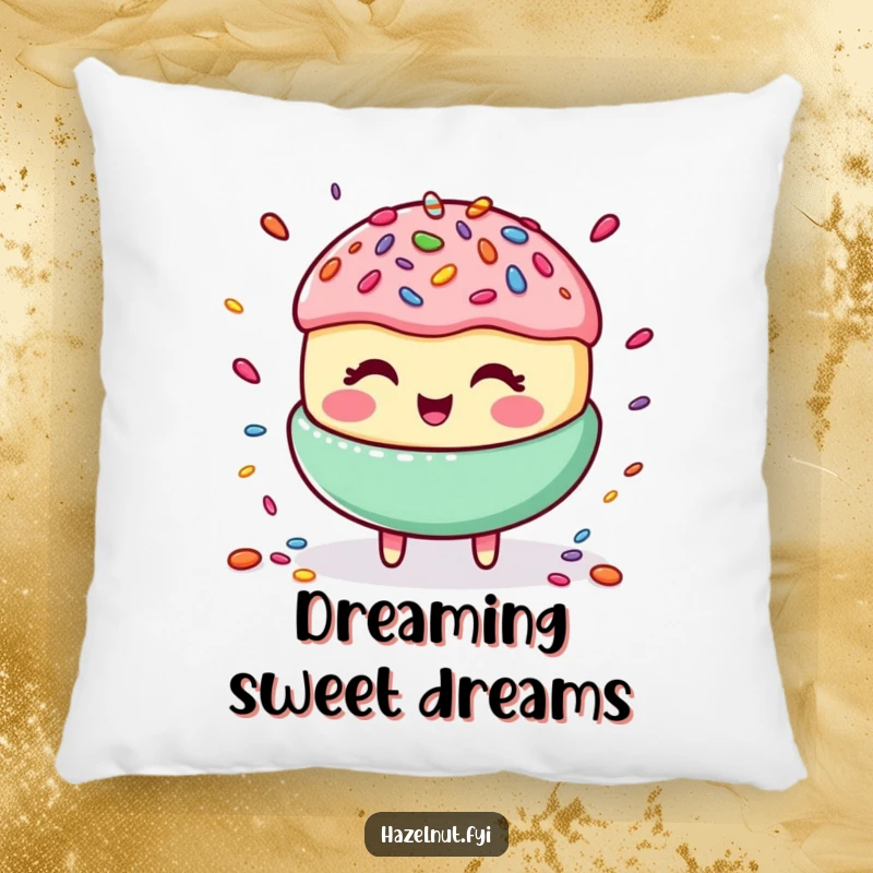 Funny pillow showcasing a happy, giggling macaroon expertly juggling a vibrant mix of candy sprinkles, perfect for cozying up.