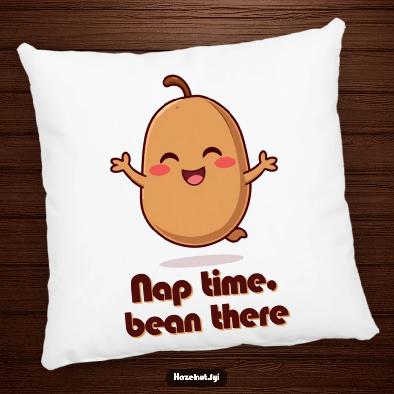 Funny pillow featuring a smiling, rosy-cheeked coffee bean in a cheerful hop, offering comfort and a dose of happiness.