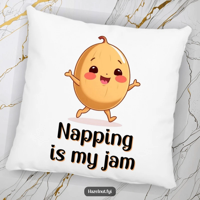 Funny pillow featuring a cheerful, round hazelnut with stubby legs doing a joyful dance, offering comfortable and cute decor.