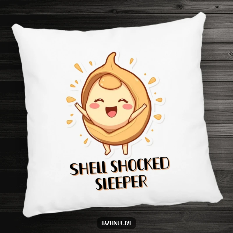 Funny pillow with a joyful hazelnut character bursting from a stylized shell, offering soft comfort and humorous cheer.