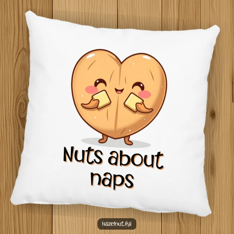 Funny pillow with a soft hazelnut character forming a heart shape out of butter pats, offering cute and comforting humor.
