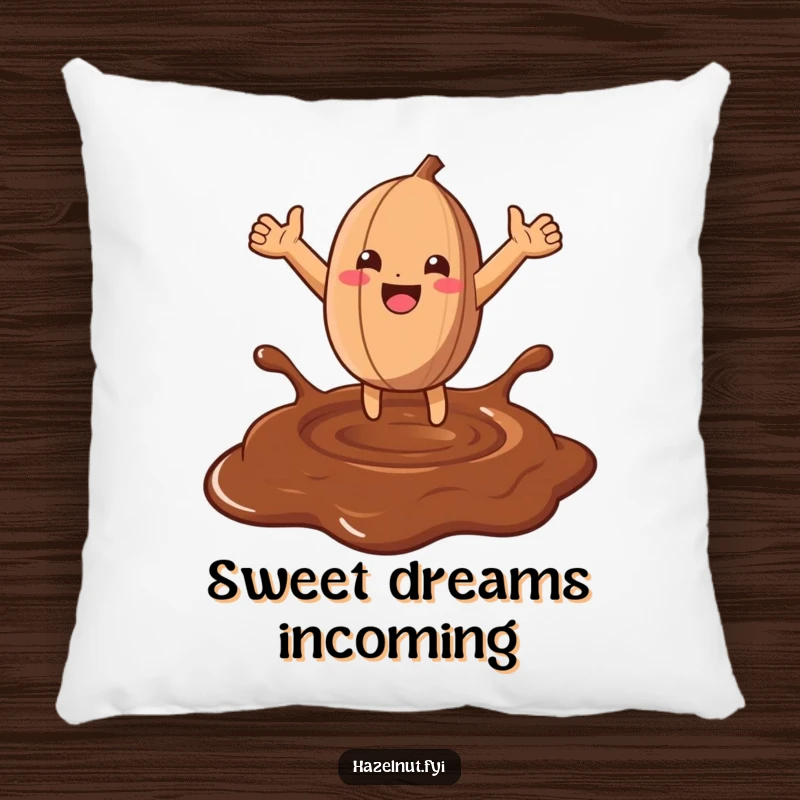 Funny Hazelnut Chocolate Leap Pillow: A happy hazelnut plunges into chocolate, perfect for a comfy and funny decorative pillow.