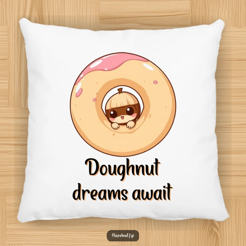 Funny pillow featuring a curious hazelnut peeking from a giant, swirling doughnut, for comfortable and whimsical relaxation.
