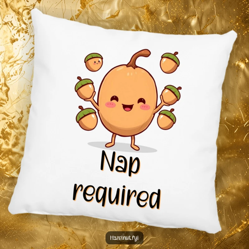 Funny Hazelnut Juggler Pillow, a plush cushion showcasing a grinning hazelnut masterfully juggling three acorns.