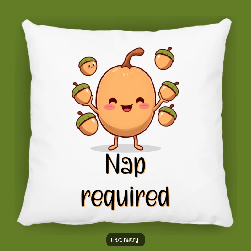 Funny Hazelnut Juggler Pillow: Cuddle Up with This Comical Acorn-Tossing Design