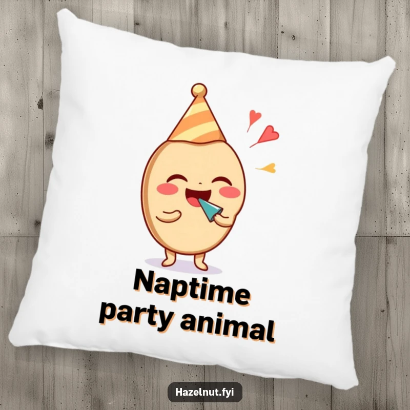 Funny hazelnut character in a party hat, laughing and blowing a noisemaker, on a soft decorative pillow. Wonderful funny gift.