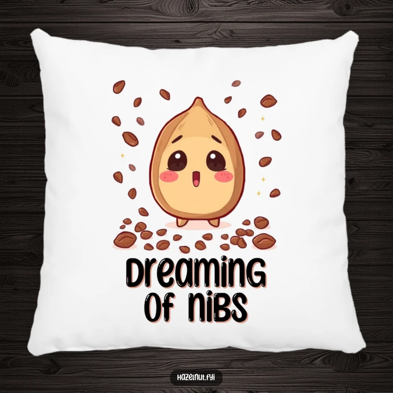 Funny Hazelnut Pillow cushion: a startled hazelnut with wide eyes showered by cacao nibs, a comfy and funny gift.