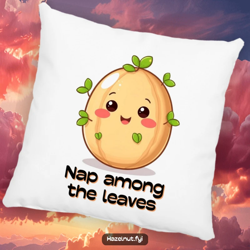 Funny hazelnut with happy eyes and sprouting green leaves on a soft pillow, bringing cozy humor and nature charm.