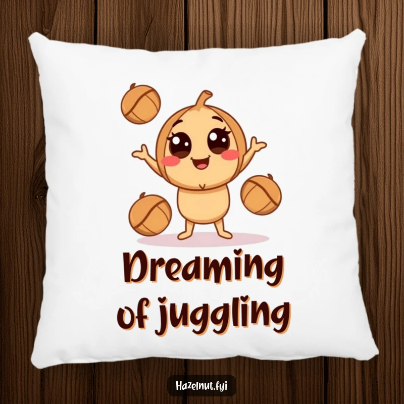 Funny Juggling Hazelnut Pillow: A smiling character with big eyes playfully juggling nuts, perfect for cozy, funny vibes.