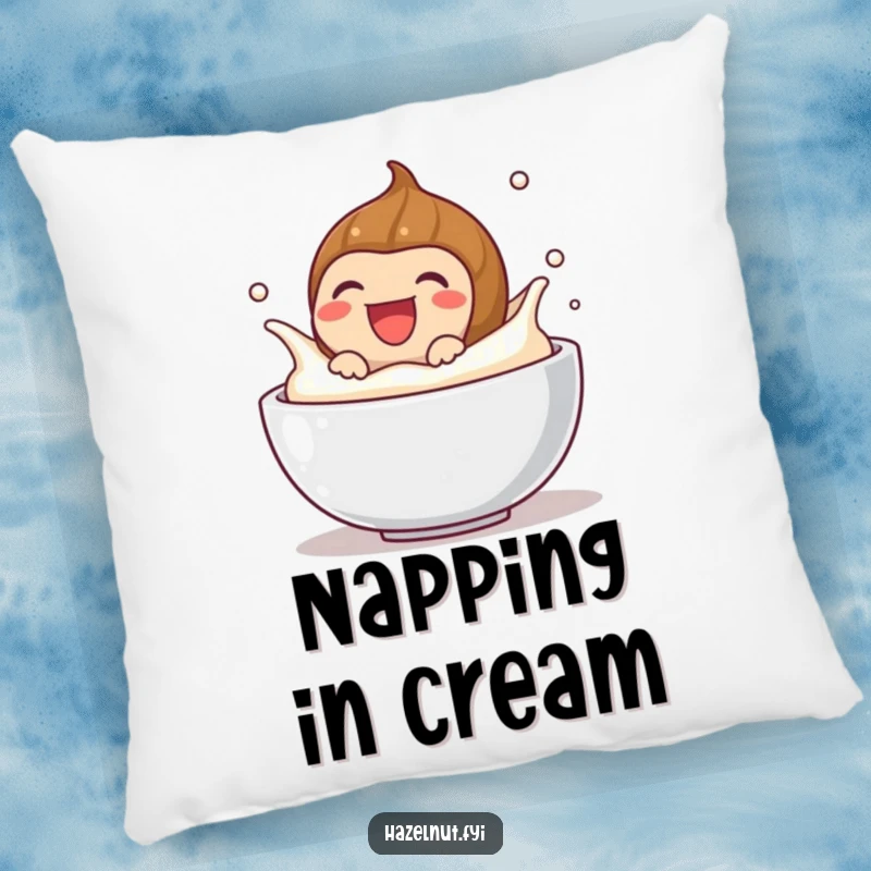 Funny pillow featuring a laughing hazelnut splashing in cream, offering cozy comfort and a humorous, joyful touch.