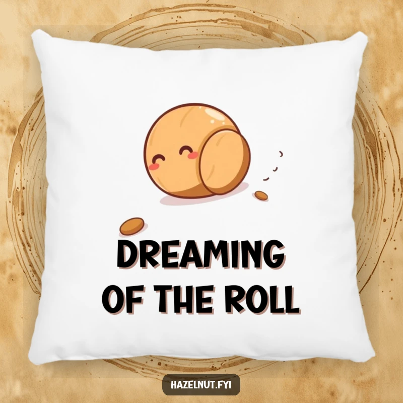 Funny giggling hazelnut rolling downhill on a soft pillow, bringing cozy comfort and nutty humor to any room.