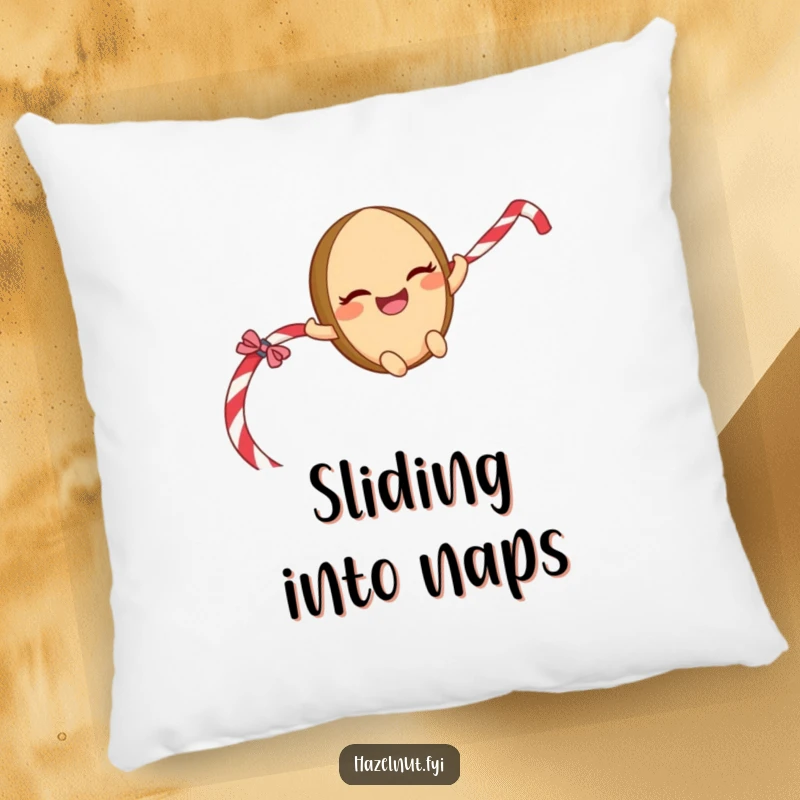 Funny Sliding Hazelnut Pillow: A giggling character with a mischievous grin sliding down a licorice rope, perfect for cozy fun.