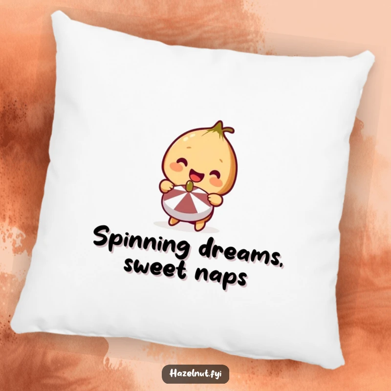 Funny Hazelnut Pillow with a cute smiling hazelnut holding a miniature spinning top, perfect for cozy playtime.