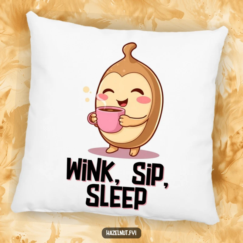 Funny Winking Hazelnut Pillow: A cheerful character winks while holding a tiny, steaming coffee cup, perfect for cozy fun.