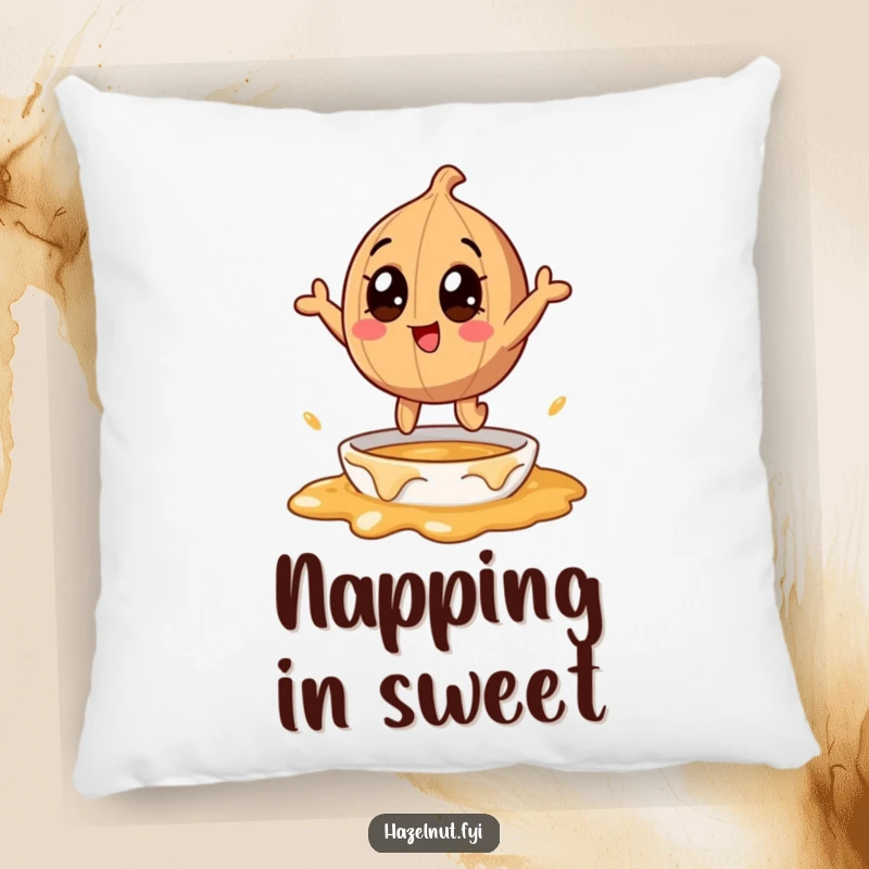 Funny hazelnut character with wide eyes, jumping into caramel, on a soft pillow, offering humorous comfort and relaxation for gifts.