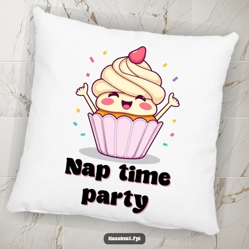 Funny pillow depicting a delighted cupcake enthusiastically throwing confetti, a soft and cheerful decor piece.
