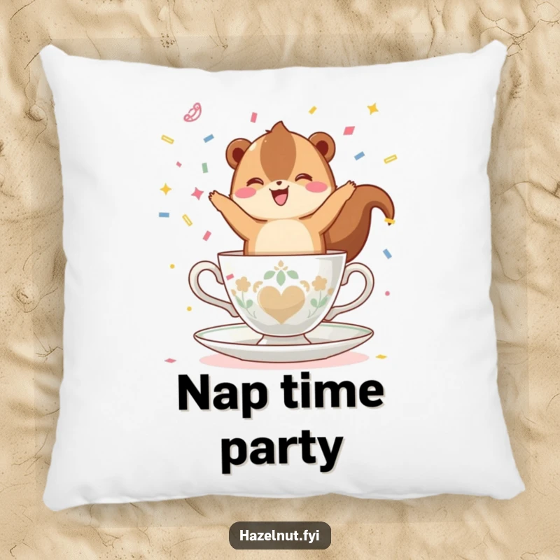 Funny, happy hazelnut balancing on a teacup, throwing confetti, featured on a plush pillow, adding comfort and celebratory charm.