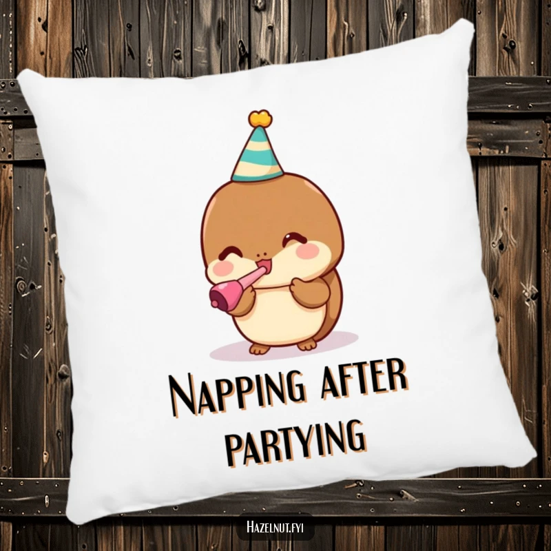 Funny pillow with a smiling kawaii hazelnut wearing a party hat, blowing a noisemaker, a cozy item.