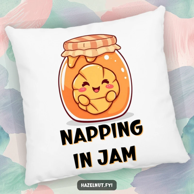 Funny pillow featuring a smiling croissant peeking out from a giant jam jar, a soft and humorous home accent.
