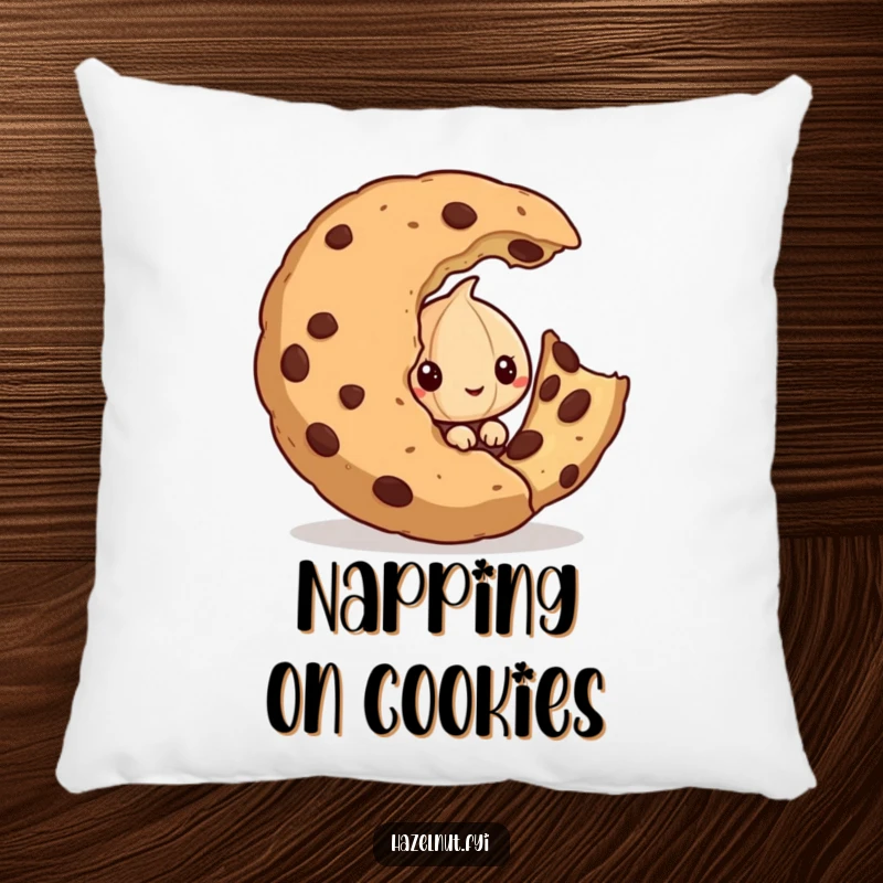 Funny pillow featuring a mischievous hazelnut peeking from behind a giant half-eaten cookie, offering comfort and humor.