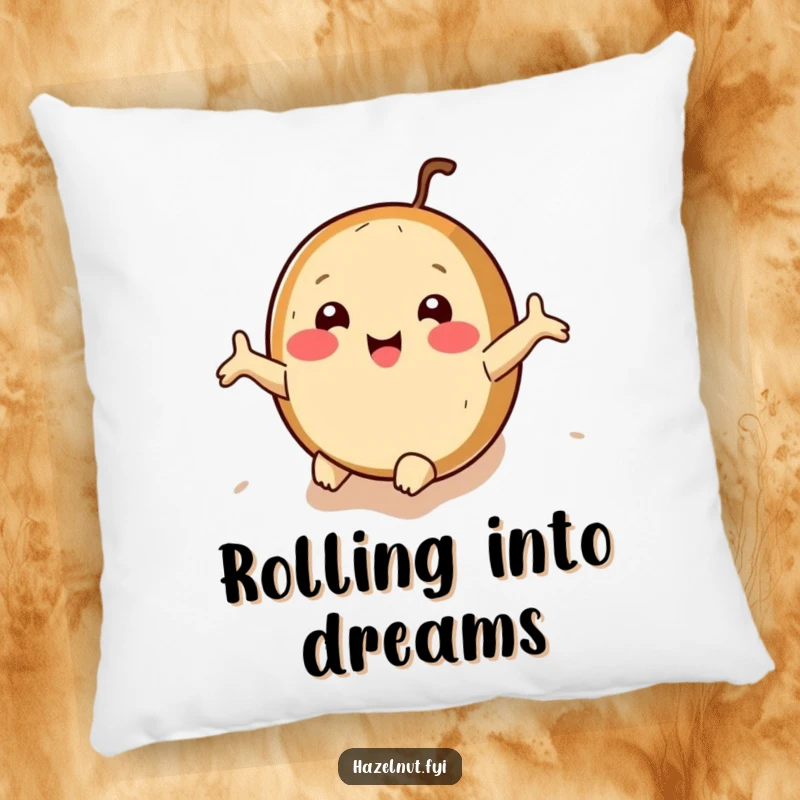 Funny hazelnut pillow with arms outstretched, rolling downhill joyfully, offering hilarious comfort and carefree decor.