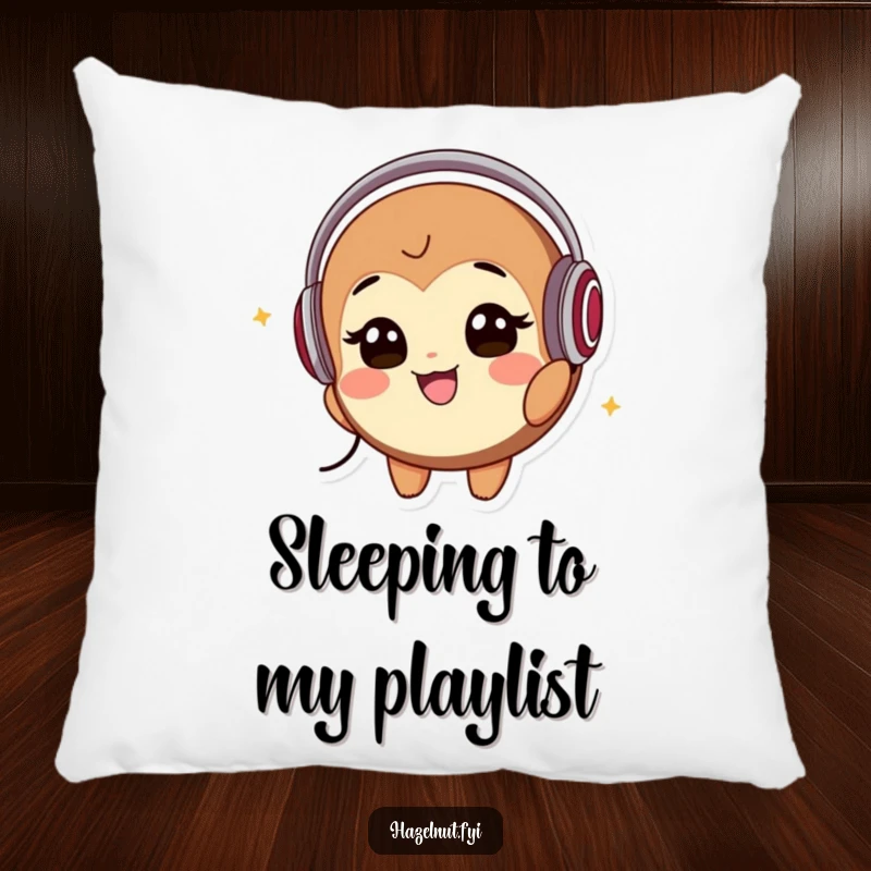 Funny Pillow: A smiling hazelnut character wearing headphones bobs its head to music, providing comfort and a humorous musical vibe.