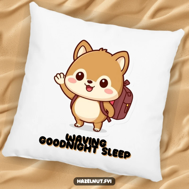 Funny hazelnut pillow with backpack, waving enthusiastically, offering hilarious comfort and travel-themed decor.