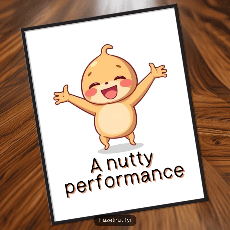 Funny digital art print of a laughing hazelnut doing a cartwheel with arms outstretched, for playful wall decor.