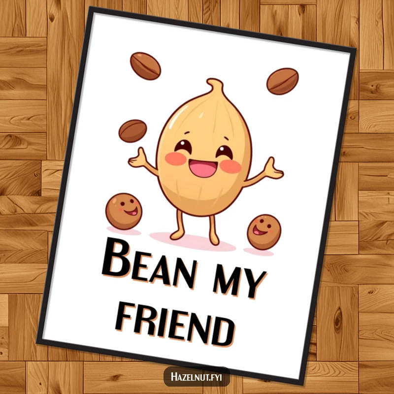 Funny Hazelnut Coffee Bean Juggler Digital Art: A vibrant illustration of a hazelnut juggling coffee beans, perfect for humorous wall decor.