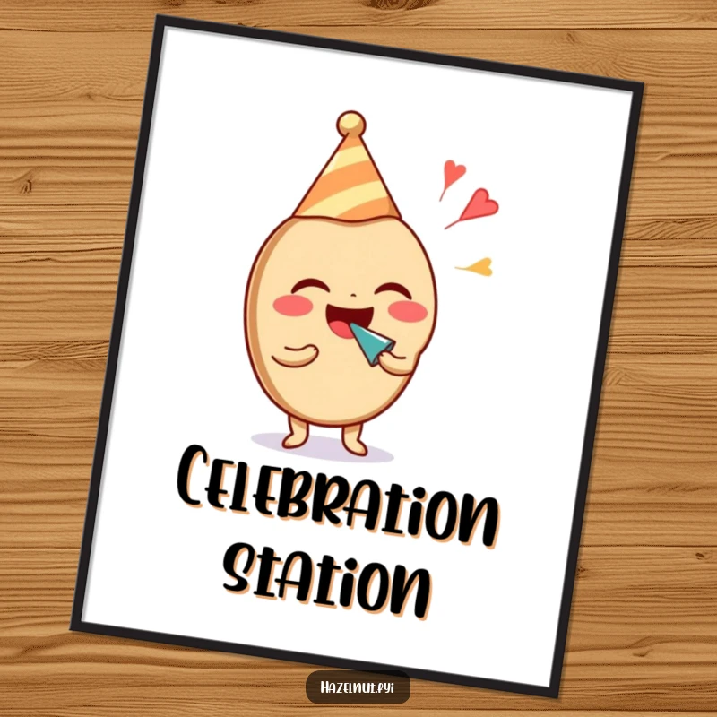 Funny hazelnut character laughing with a party hat and noisemaker - downloadable digital art print for instant fun. Excellent funny gift.