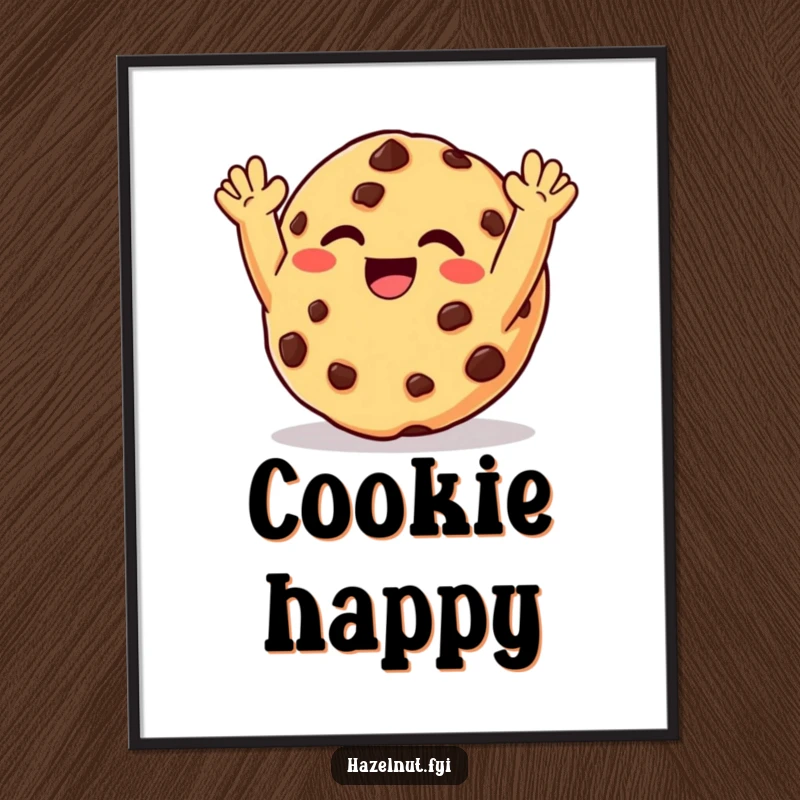 Funny digital art print of a giggling chocolate chip cookie with arms raised in delight, perfect for instant sweet decor.