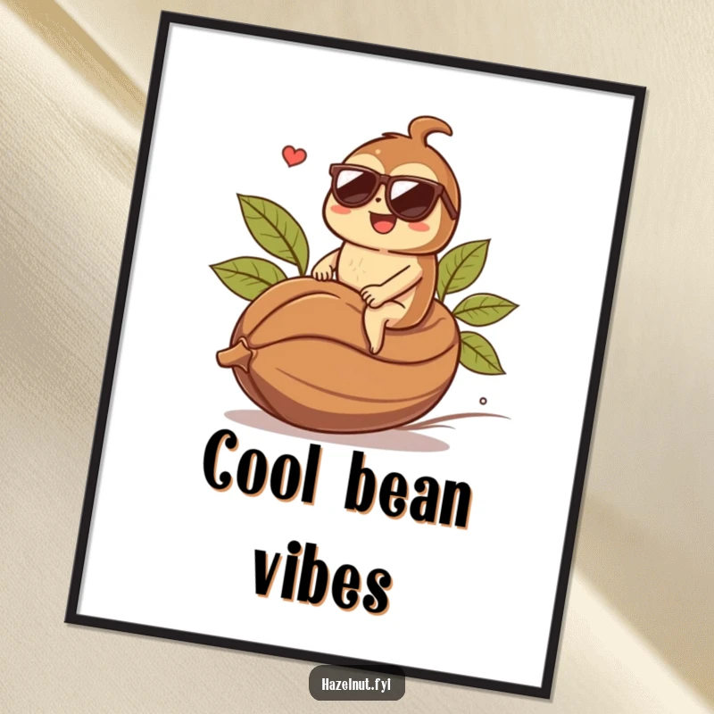 Funny hazelnut character in sunglasses riding a coffee bean - downloadable digital art print for immediate fun. Excellent funny gift.