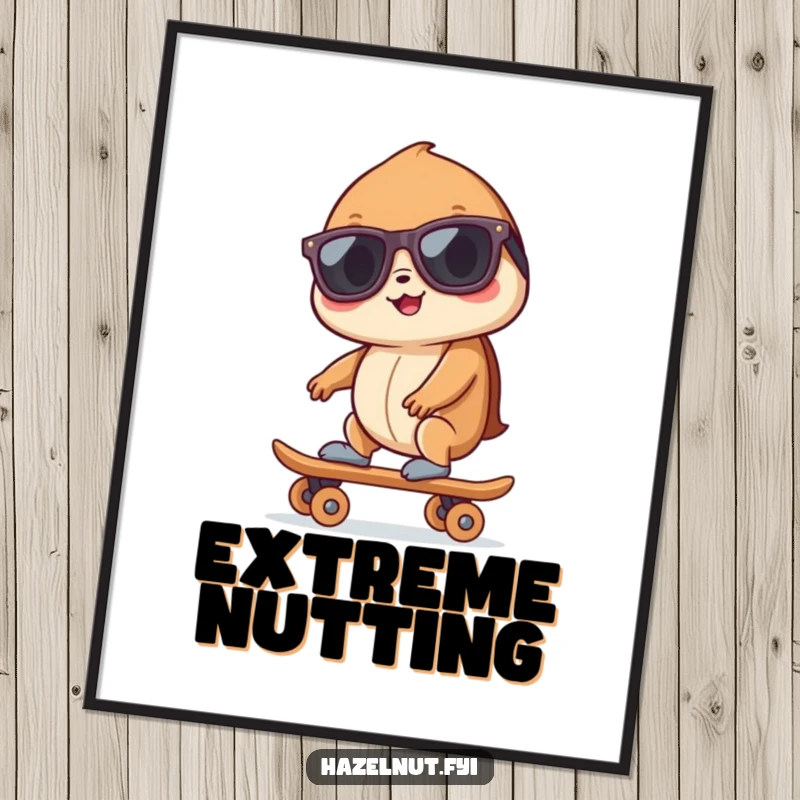 Funny hazelnut wearing sunglasses, riding a tiny skateboard, presented as a high-resolution digital art print for versatile use.