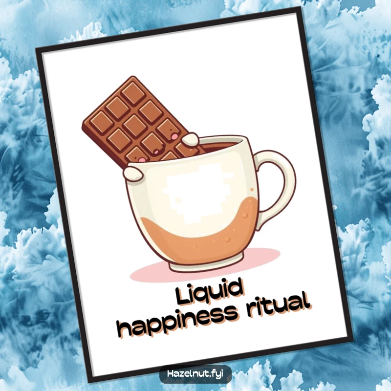 Funny digital art print of a blushing chocolate bar leaping enthusiastically into a huge coffee mug, a whimsical illustration.