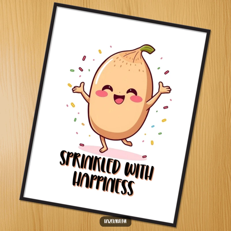 Funny digital art print of a smiling kawaii hazelnut character doing a joyful dance with colorful sprinkles.