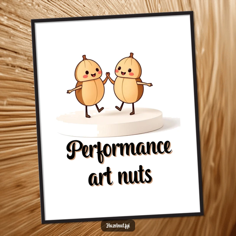 Funny digital art print of two dancing hazelnuts on a stage, celebrating joy and movement, ideal for humorous wall decor.