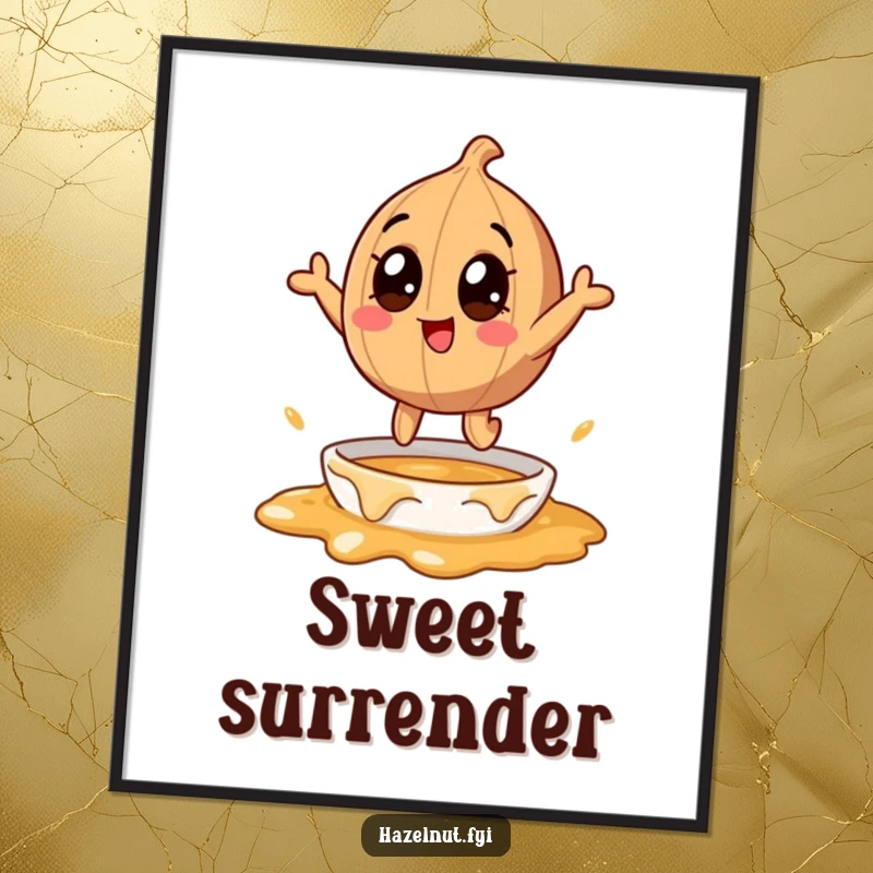 Funny hazelnut character joyfully leaping into melting caramel, as a digital art print, offering instant sweet humor and charm.