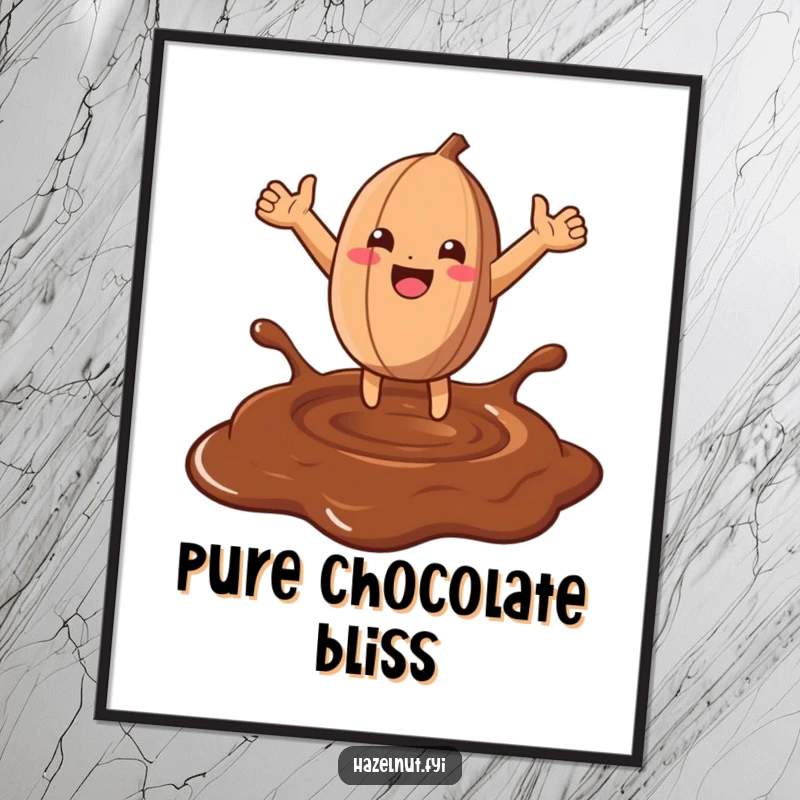 Funny Hazelnut Chocolate Leap Digital Art: A vibrant illustration of a hazelnut leaping into chocolate, perfect for humorous wall decor.